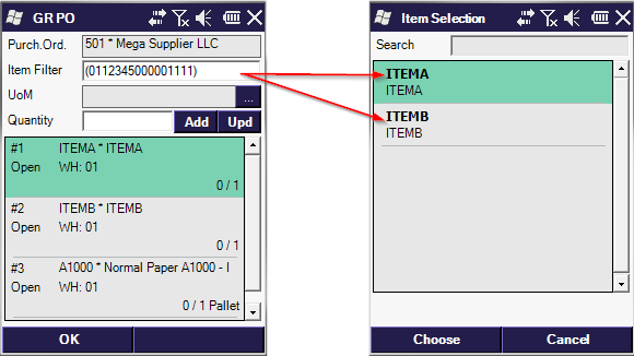 Items with the same barcode listed on the Item Selection screen