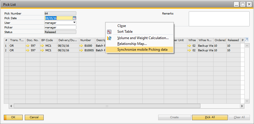 Synchronizing mobile picking data