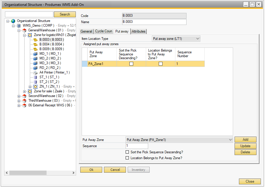 Organizational Structure: Bin location settings []