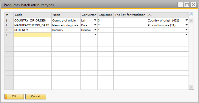 Produmex batch attribute types